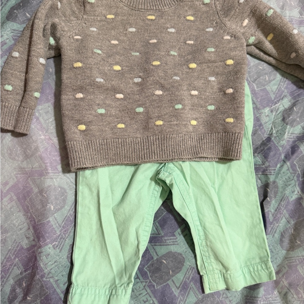 Gray Polka Dot Sweater with Mint Green Pants
